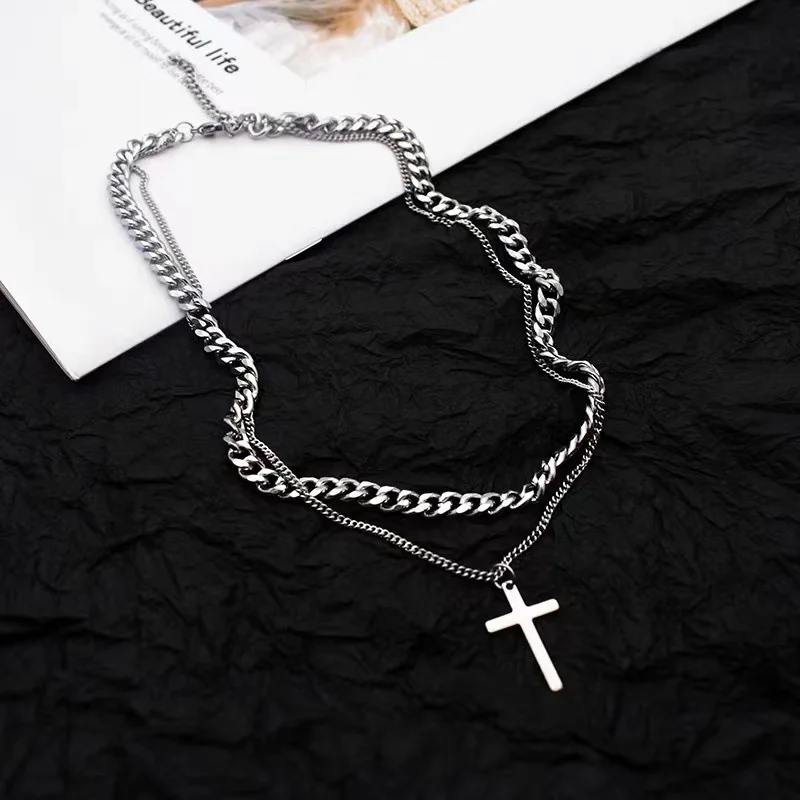 Titanium Steel Double-Layer Cross Necklace with Pearl Trendy Hip-hop Style for Men Women All-Match Sweater Chain Accessories