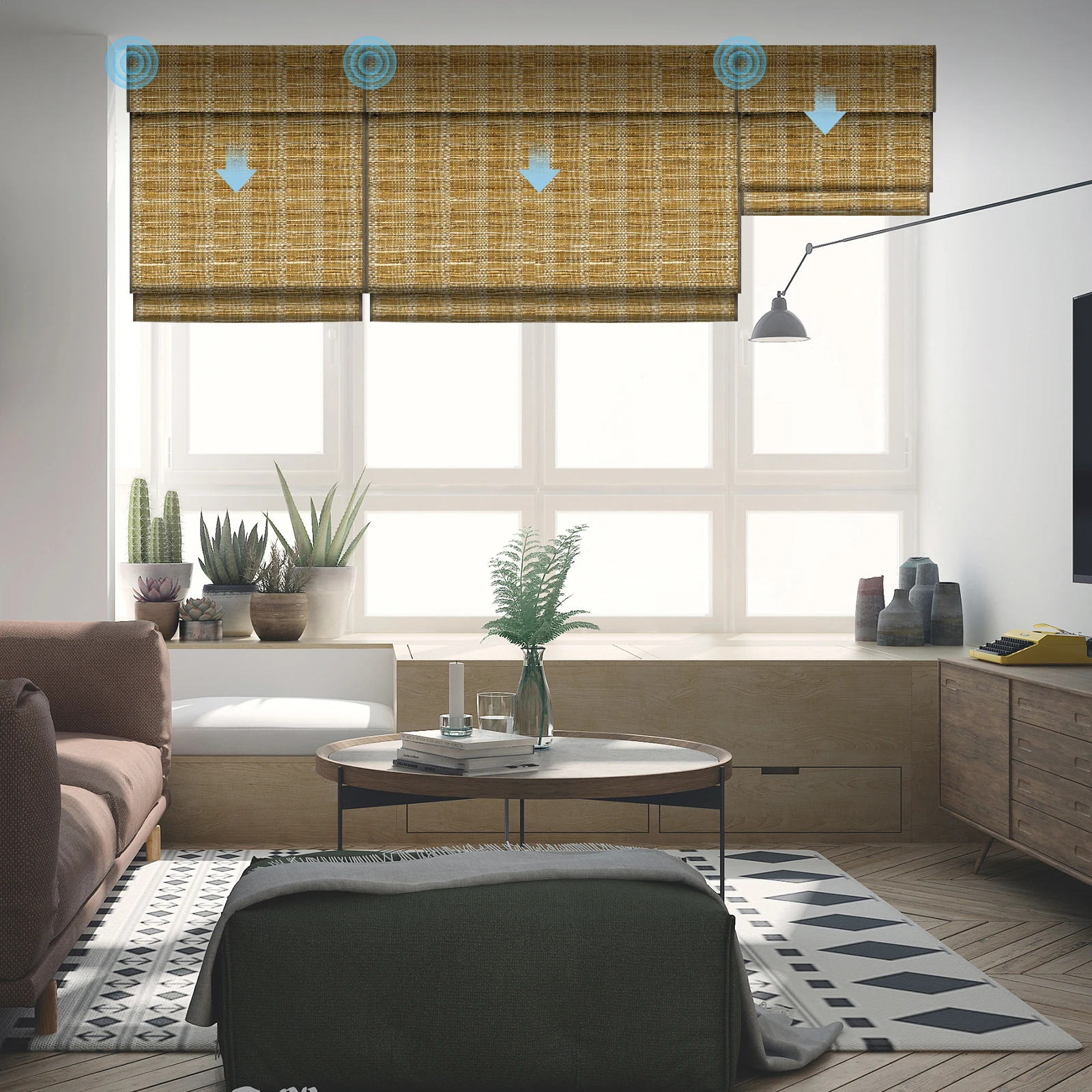 Deyi Smart cordless natural grass bamboo jute ramie yarn blackout backing liner woven wood motorized smart roman shades