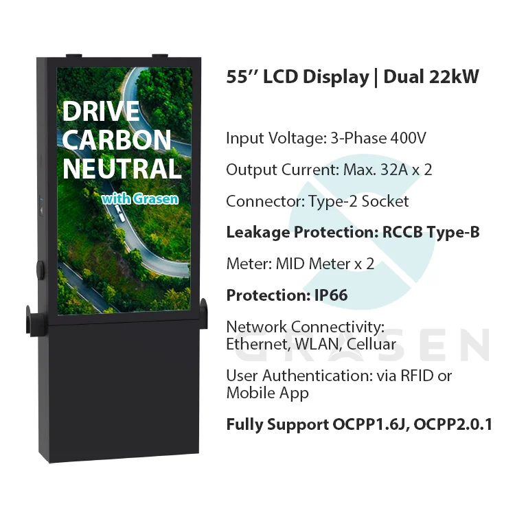 Commercial Parking Lots 55 Inch LCD Advertising Screen EV Charger Station Dual Guns DC Rapid Charging Point With LCD Display