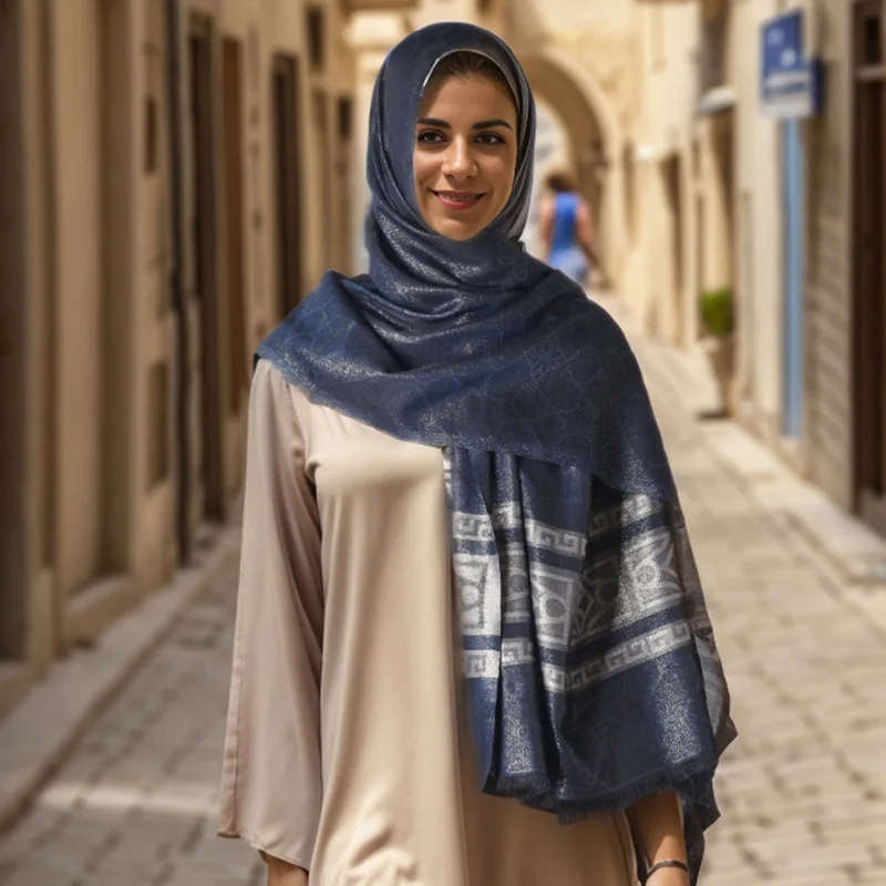 Fashion ethnic shimmer striped headscarf khimar viscose jersey hijab tassel turbans plain cotton knitted shawl for women custom