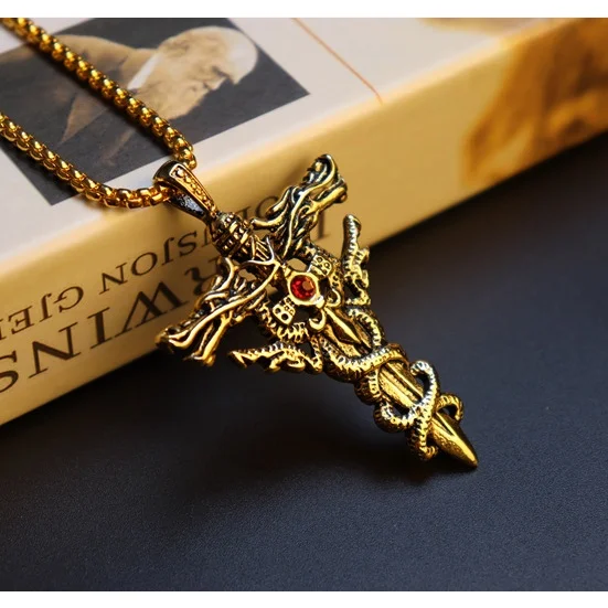 Creative Double Dragons Sword Pendant Necklace for Men Antique Silver Cross  Titanium Steel Necklaces Party Jewelry