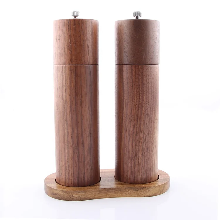 Walnut Wood Pepper Grinder Set Refillable With Tray, Customized Material, Size and Shape Same Acacia Wood Salt and Pepper Mill