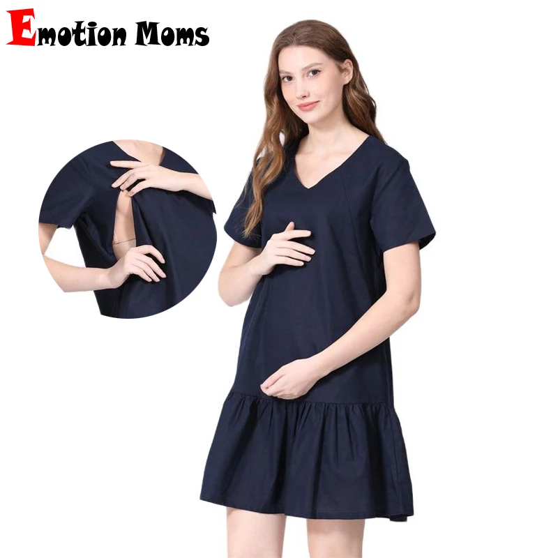 New Summer Pregnant Dress Ruffle Straight Cut Maternity Cotton Linen Dress Invisible Zipper Breastfeeding Clothes Plus Size