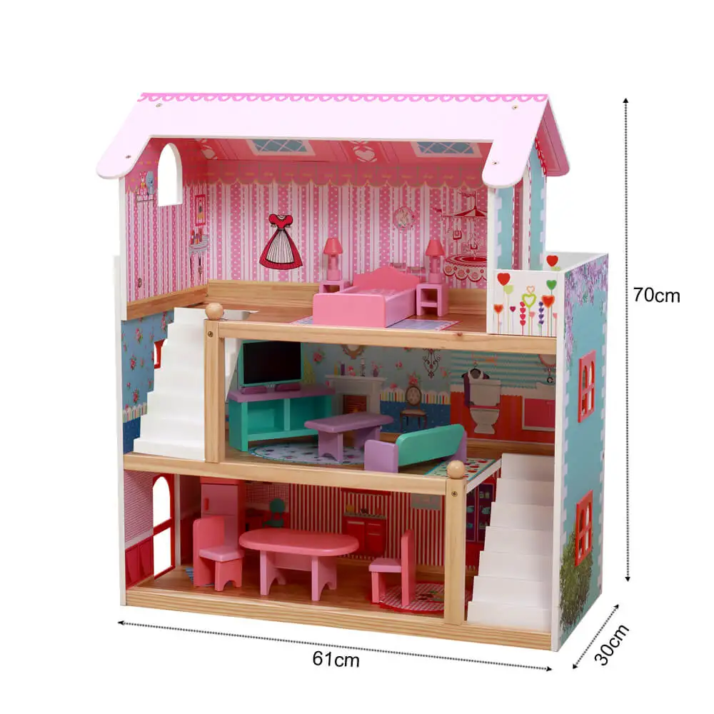 Cheap price wooden dream house with furniture included wholesale kids pretend play doll house furniture 1:12 scale