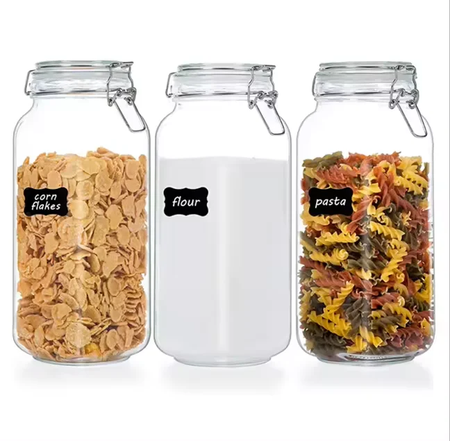 Glass Food Storage Jars 3 Pack Large Kitchen Canisters Square Mason Jars with Airtight Clamp Lids