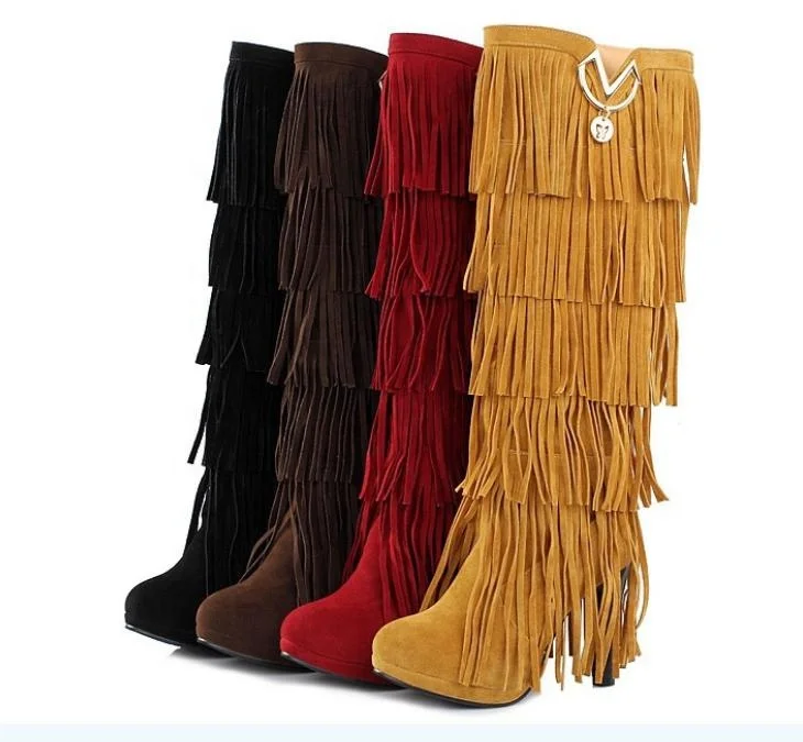2020 fashion fringe knee high tassel lined women winter snow boots women shoes ladies half boots block high heels plus size