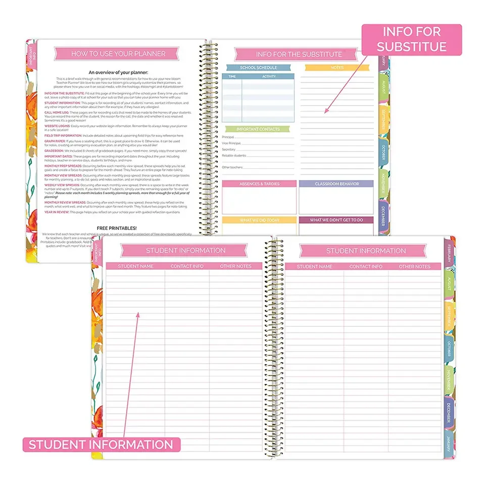 2023 New Custom School Classroom Record and Lesson Dairy Daily Weekly Monthly Journal Spiral Notebook Planner for Teacher