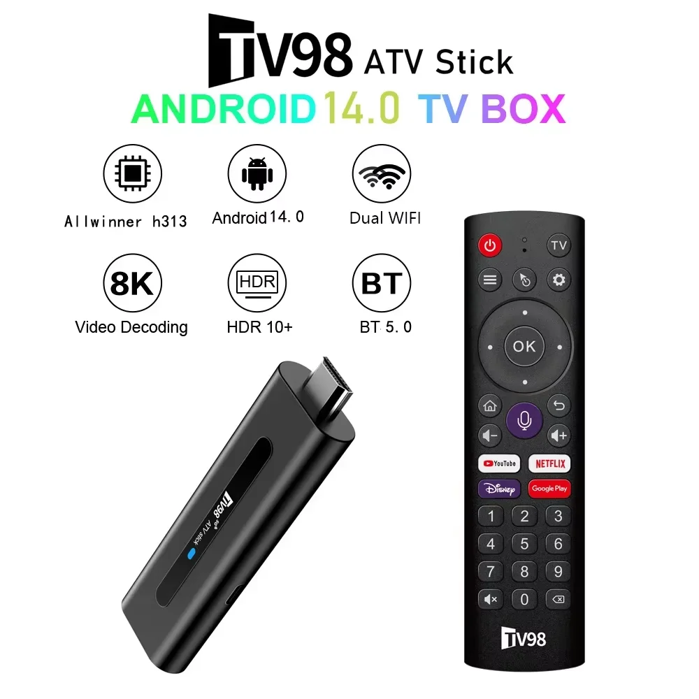 TV98 ATV 8K Smart TV Stick Android 14 ATV Allwinner H313 2,4G 5G Wifi Поддержка OTA 4K плеер BT5.0 2GB 16GB голосовой пульт
