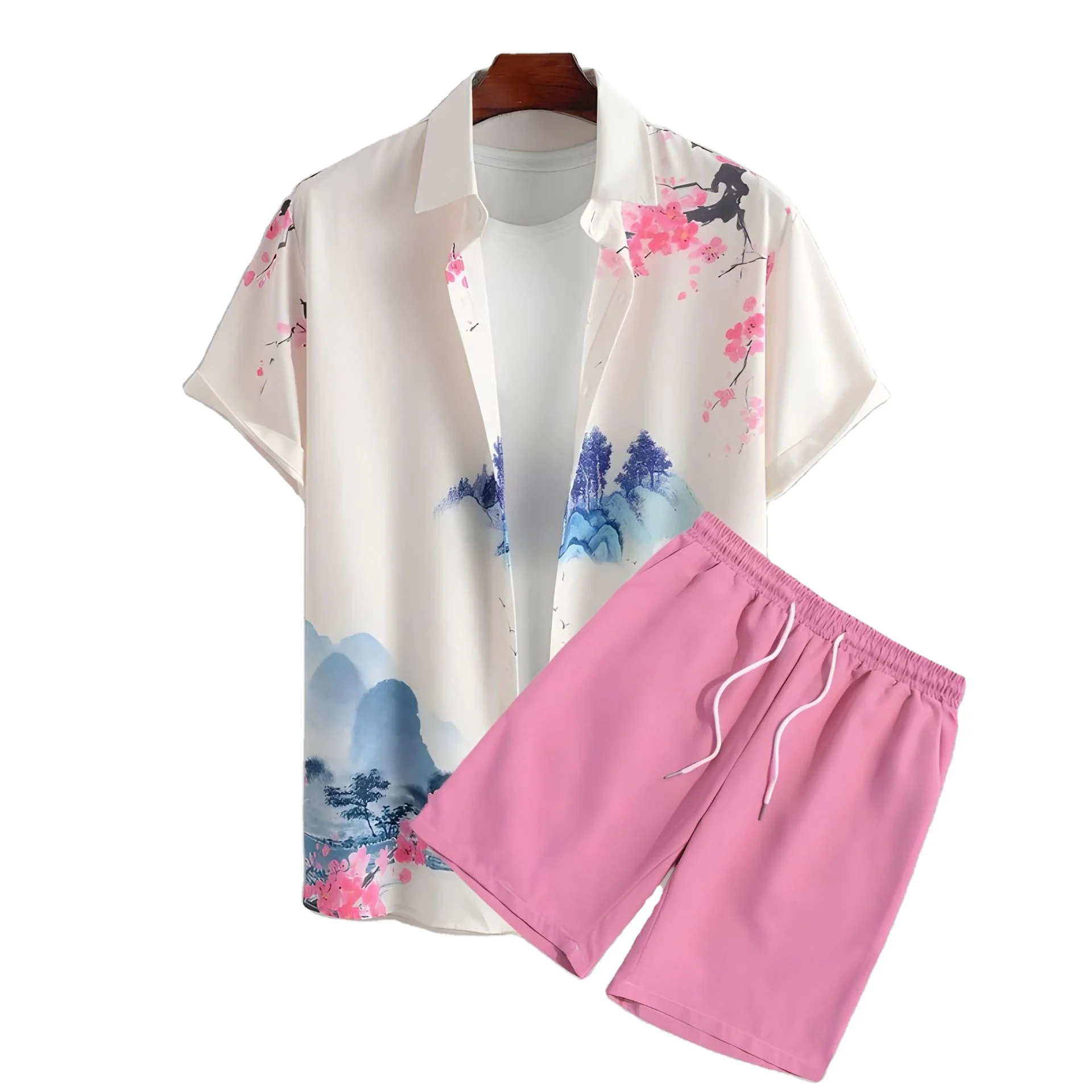 Short sleeve shirt Black and white striped Hawaiian print short sleeve shirt shorts suit for men