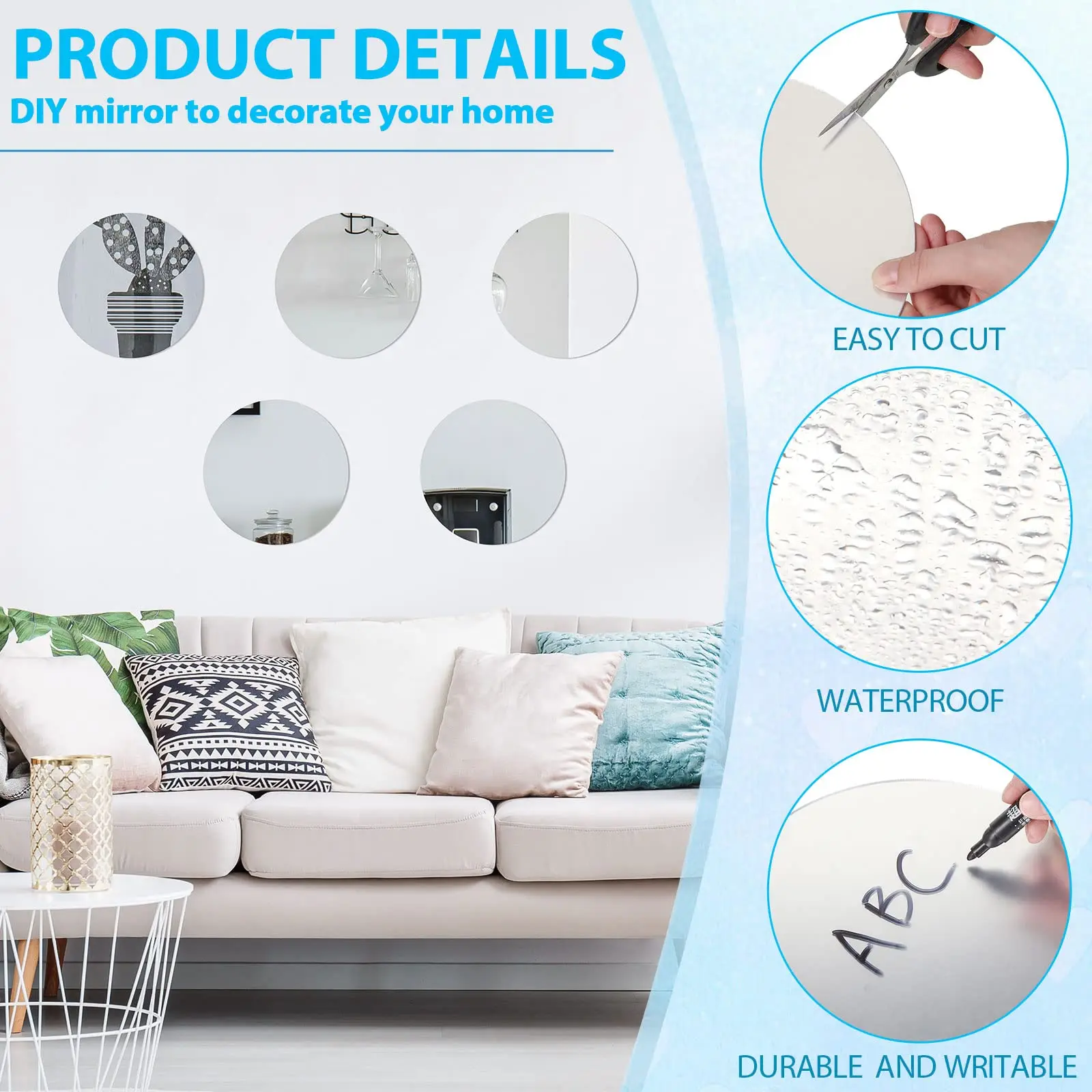 4/6/8/10 inch Adhesive Round Wall Acrylic Mirror Tiles Frameless Wall-Mount Mirrors for Bedroom Bathroom Craft Decor