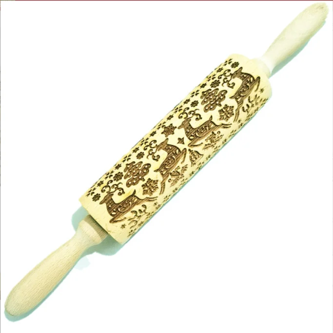 Wooden rolling pin beech laser engraving printing rolling pin embossing rolling skin Christmas fondant cookie pressing stick