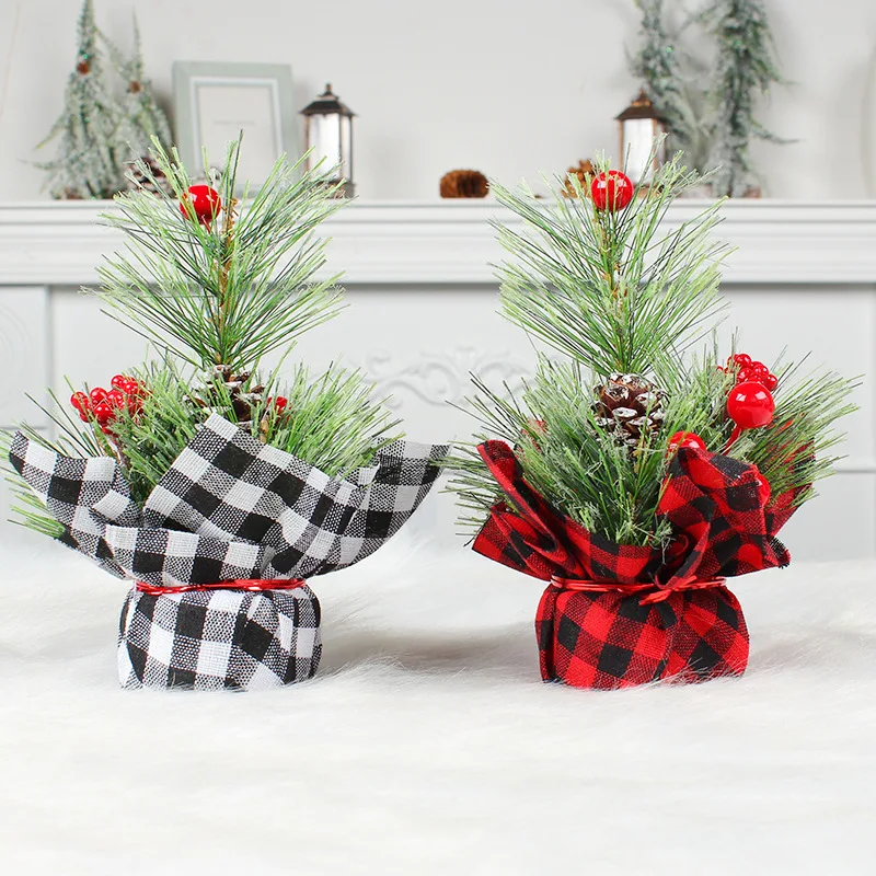 Mini Plaid Christmas Tree Decorations Christmas Simulation Red Fruit Tree Tabletop Decoration Photo Props