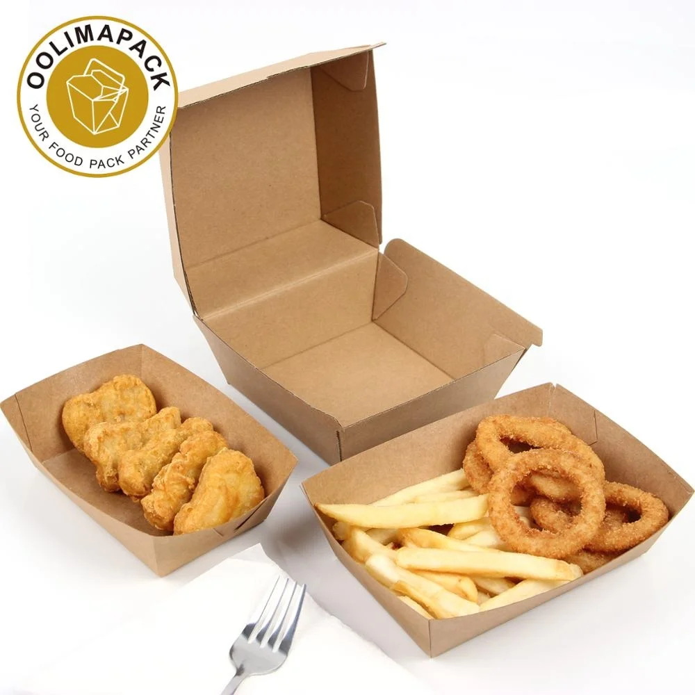 Fast Food F Flute Corrugated Container Hot Dog French Fries Hamburg Packing Tray 300gsm Paper Disposable Paperboard 1-6colors