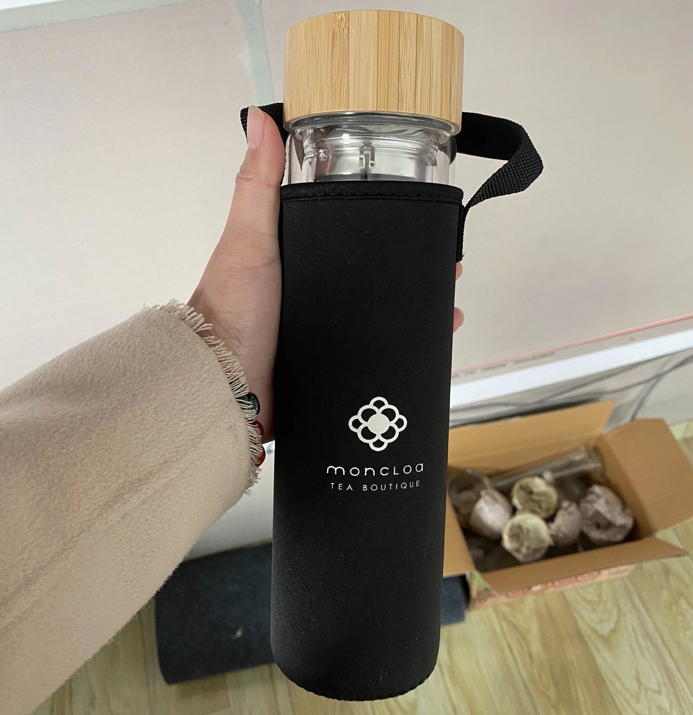 15oz Bamboo Wooden lid Double Wall High Borosilicate Glass Tea Bottle with Strainer & Infuser for Loose Tea