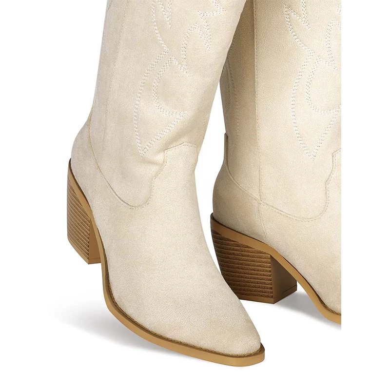 WETKISS Wholesale OEM Shoes High Chunky Heel Faux Suede Knee Boots Women Western Boots Embroidery Cowgirl Boots for All Season
