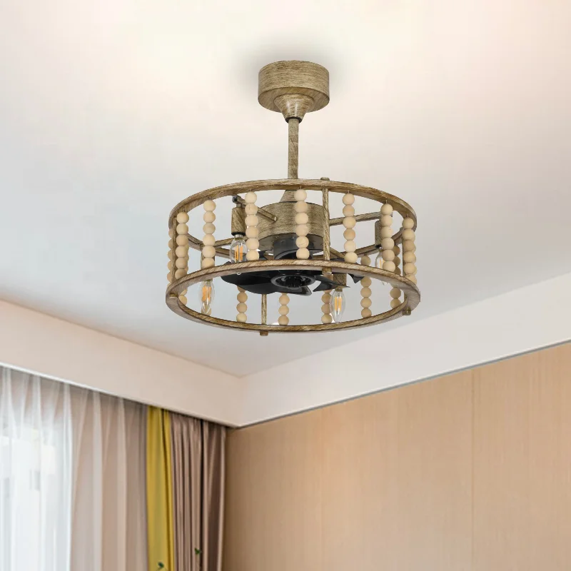 New modern Boho Ceiling Fan with Lights and Remote Caged Wood Bead Flush Mount Ventilador De techo LED Ceiling Fan Chandelier