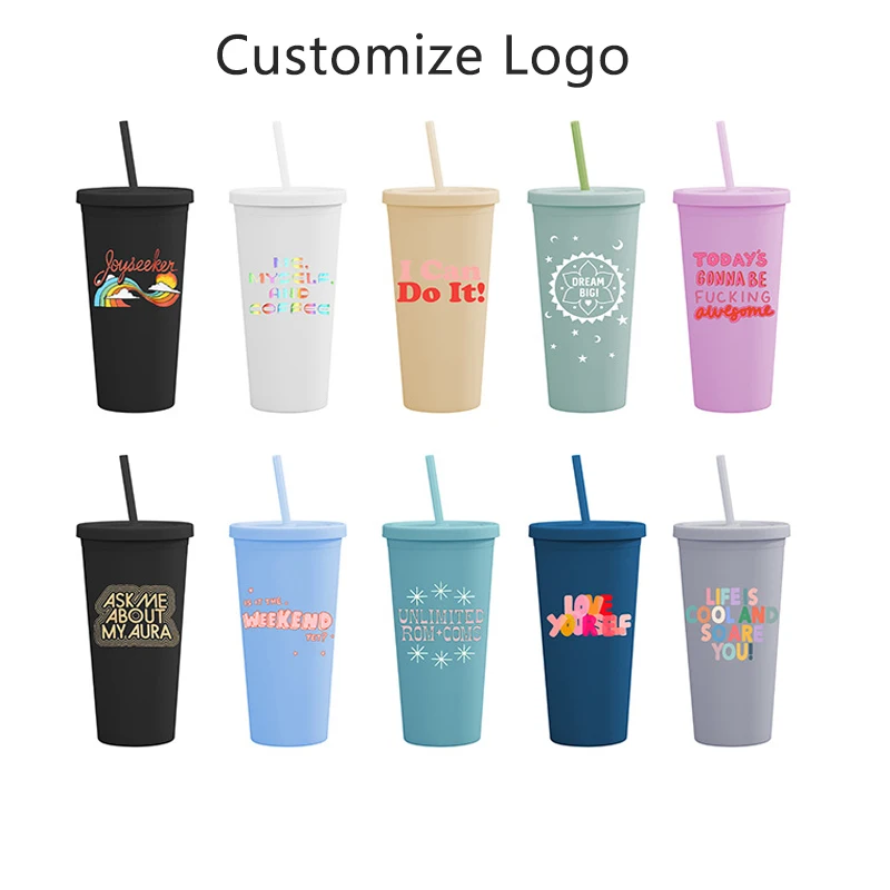 Double Wall Plastic Straw Cup 24oz Coffee Cup Water Frosted Bottle On Hand Cup Ready For Ship