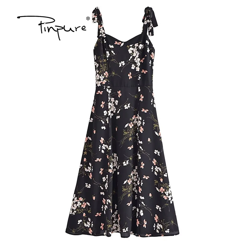 Летнее винтажное платье-миди R30959S с французским черным цветочным принтом и разрезом пикантное женское праздничное платье на бретелях-лямках бантом в стиле ретро 2022