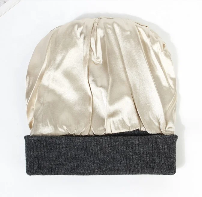 2023 Custom warm knitted silk lined beanie hat Low MOQ Y2K multiple colour Warm jacquard custom satin beanie
