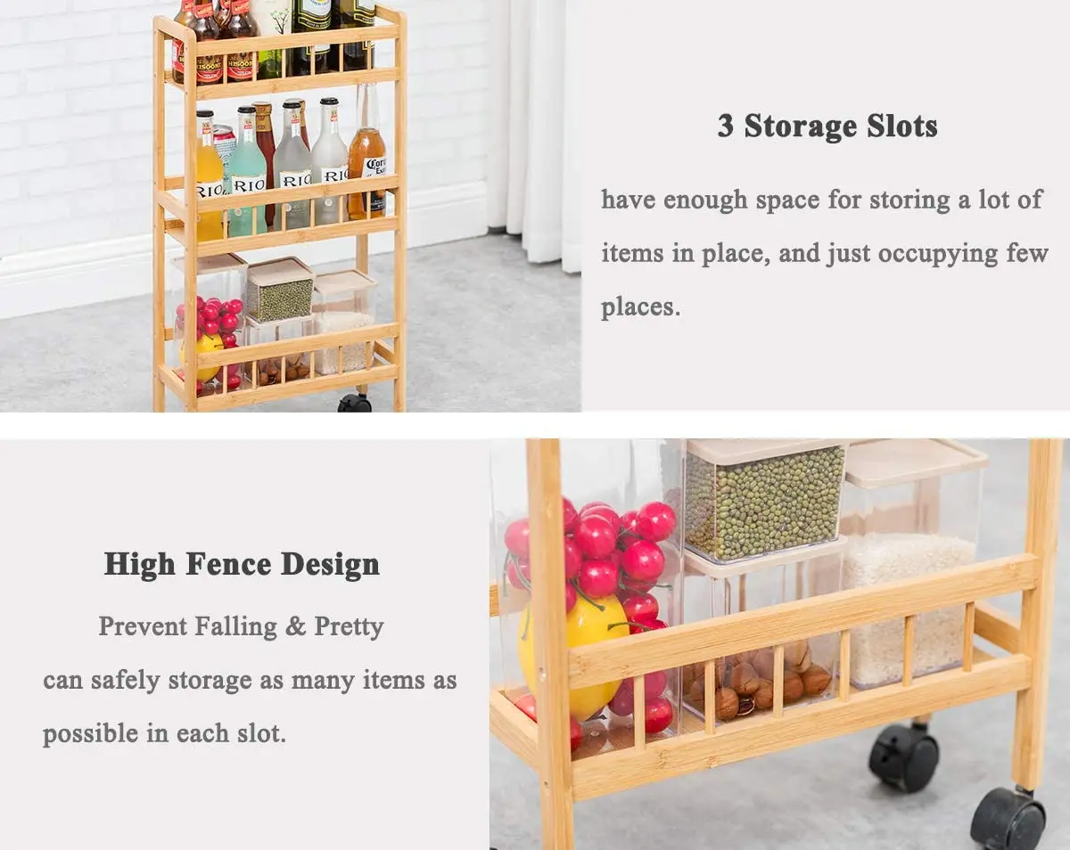 wooden 3-Tier Kitchen Removable Storage Cart Trolley Slim Slide Out Rolling