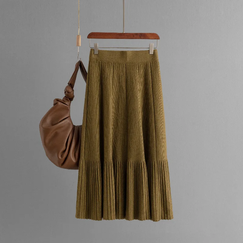 Solid Color Knitted Skirt Fashionable Simple All-Match High Waist Slim Pleated Long Skirt Women