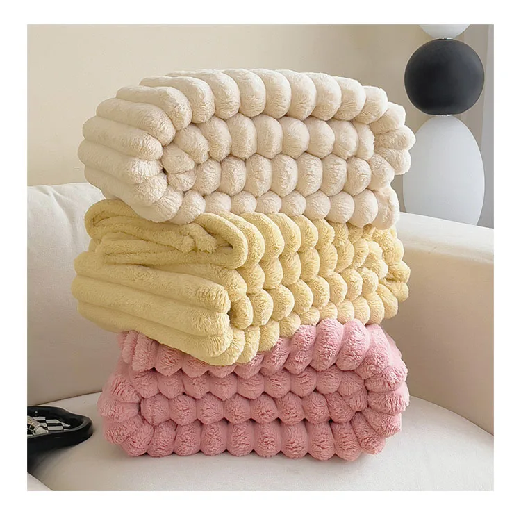 Oem Luxury Warm Stripe Dye Rabbit Faux Fur Blanket Throw Blankets For Winter