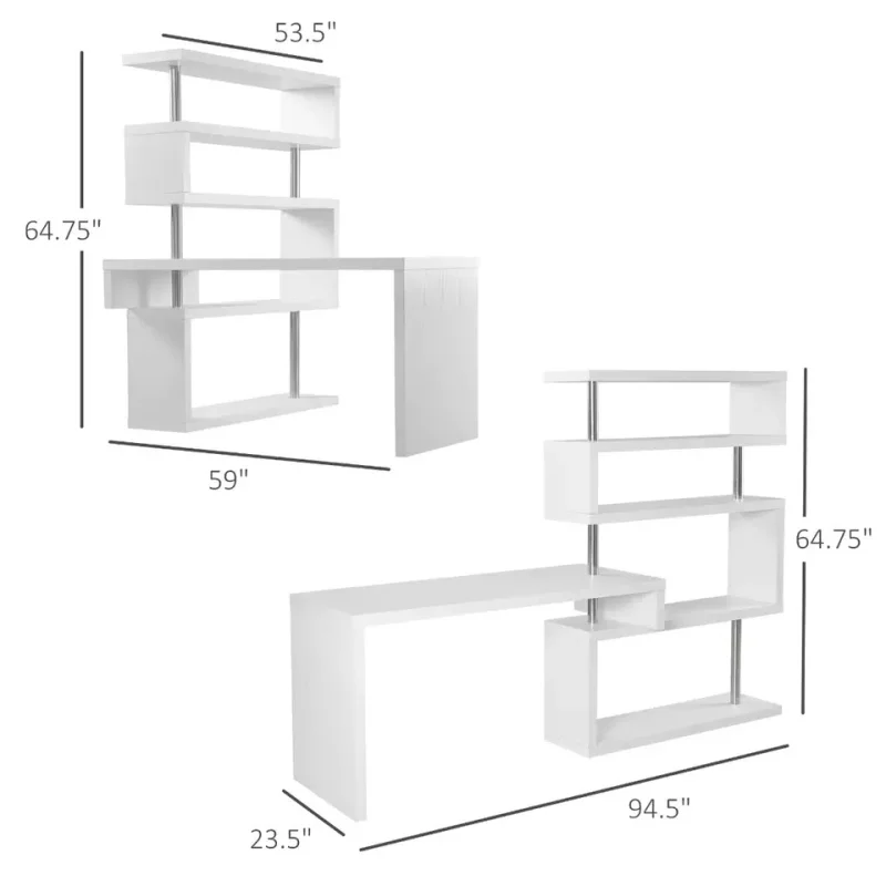 Modern Office Furniture 5 Tier L-Shaped 360 Degree Rotating Versatile Computer Desk With MDF Shelves And Steel Frame - White