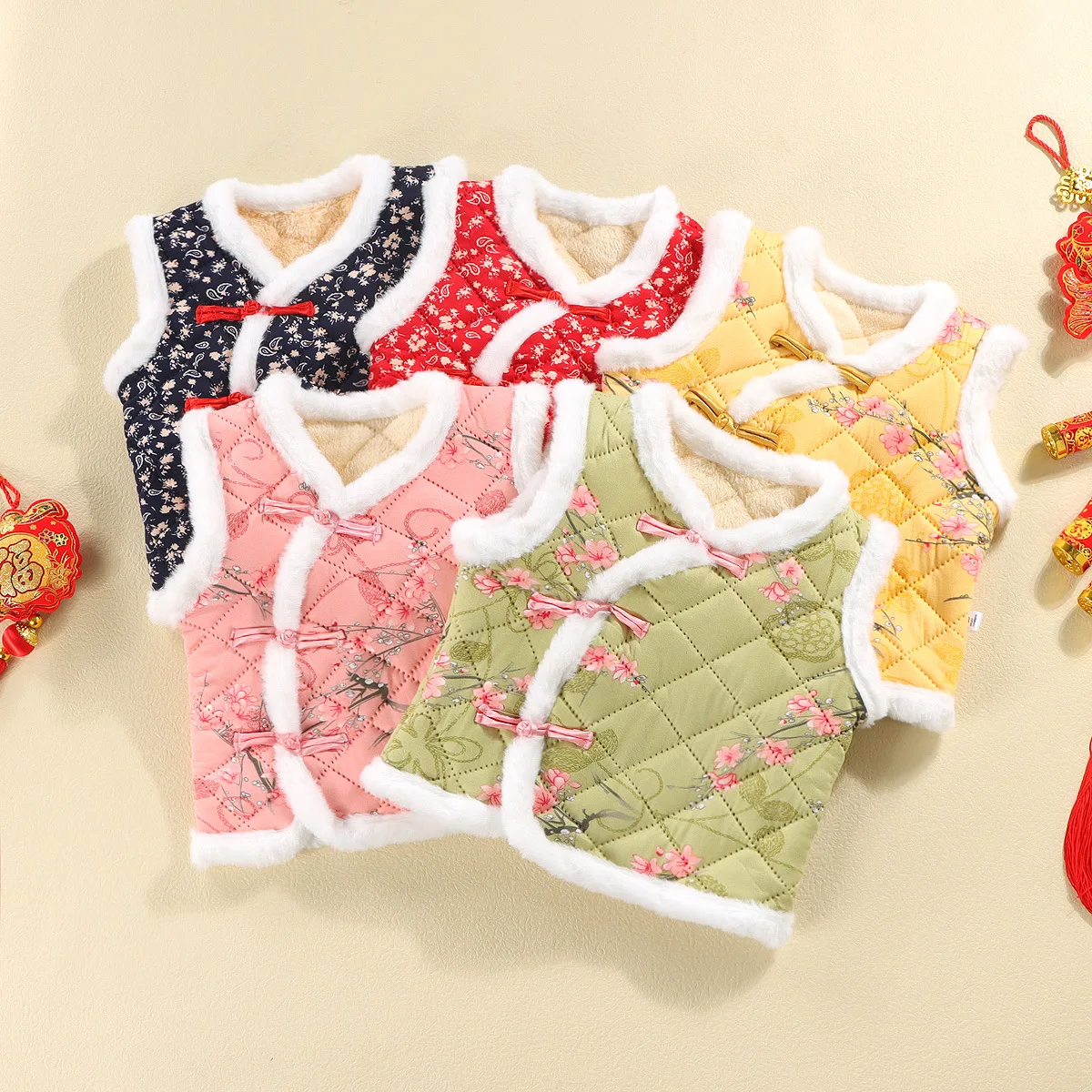 New cotton Guofeng vest 2025 winter New Year dress girl baby national wind plus fleece thickened net red vest