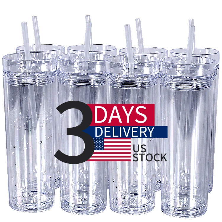 USA Warehouse 16 Oz Plastic Double Walled Tumbler Clear Wholesale Acrylic Tumbler Drinking Cups with Lid and Straw