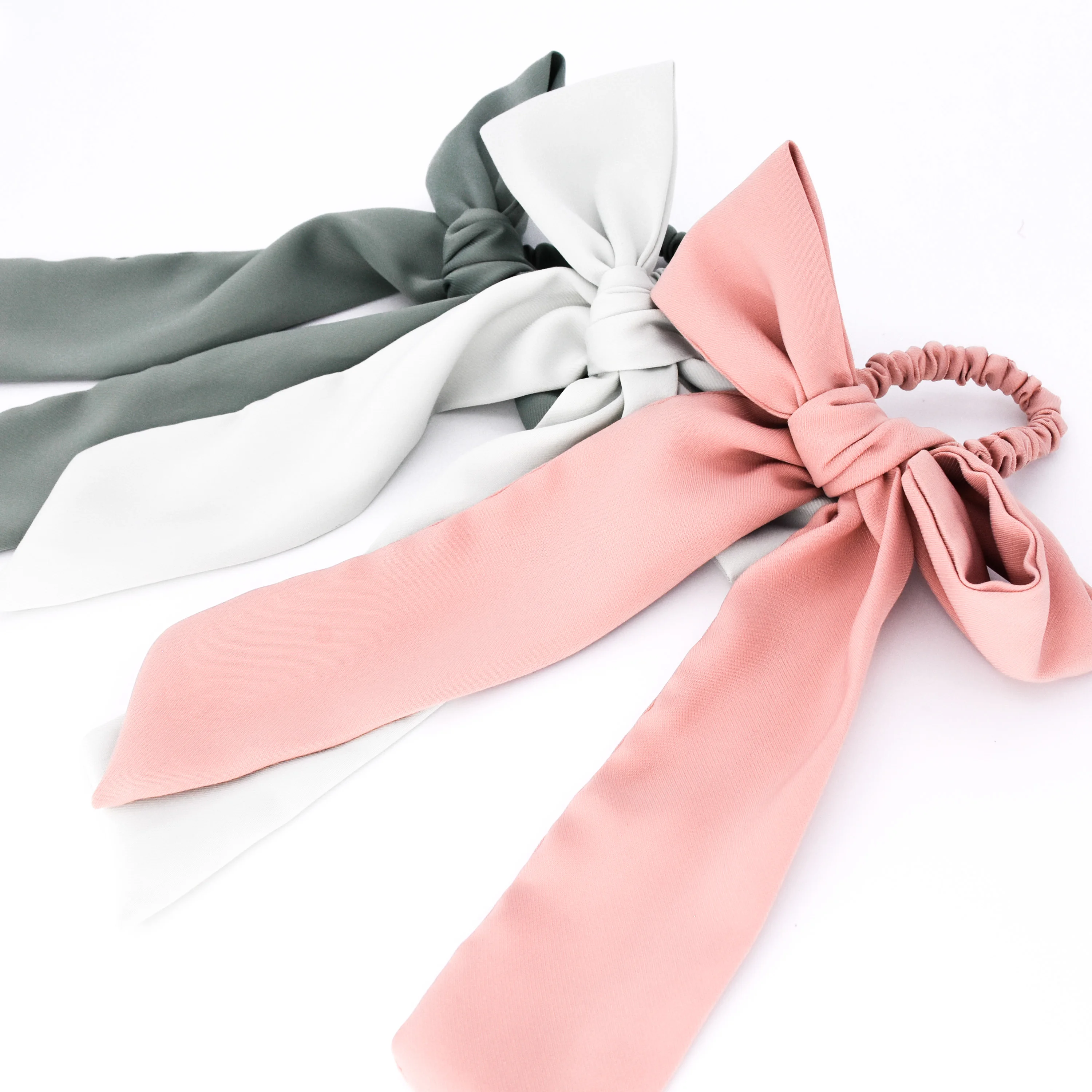 
Wholesale fancy solid color ribbon satin big bow knot hair tie srunchies scarf ponytail holder for women  (1600060489706)