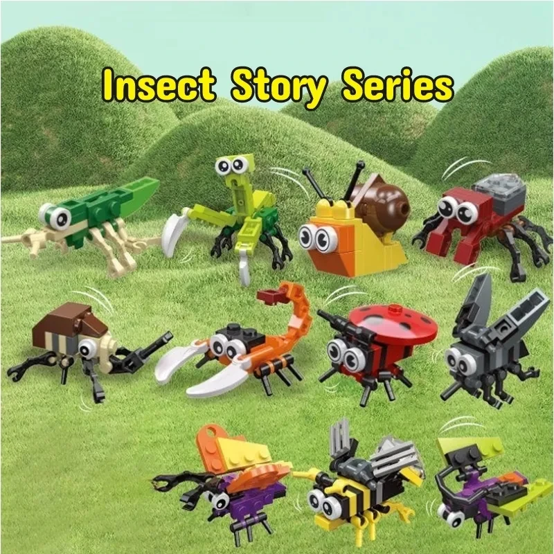Cute Insect Building Block Mini Cartoon Mantis Spider Snail Model Set Kawaii 3D Diy Bricks Toy Collection Toys for Kids Gift