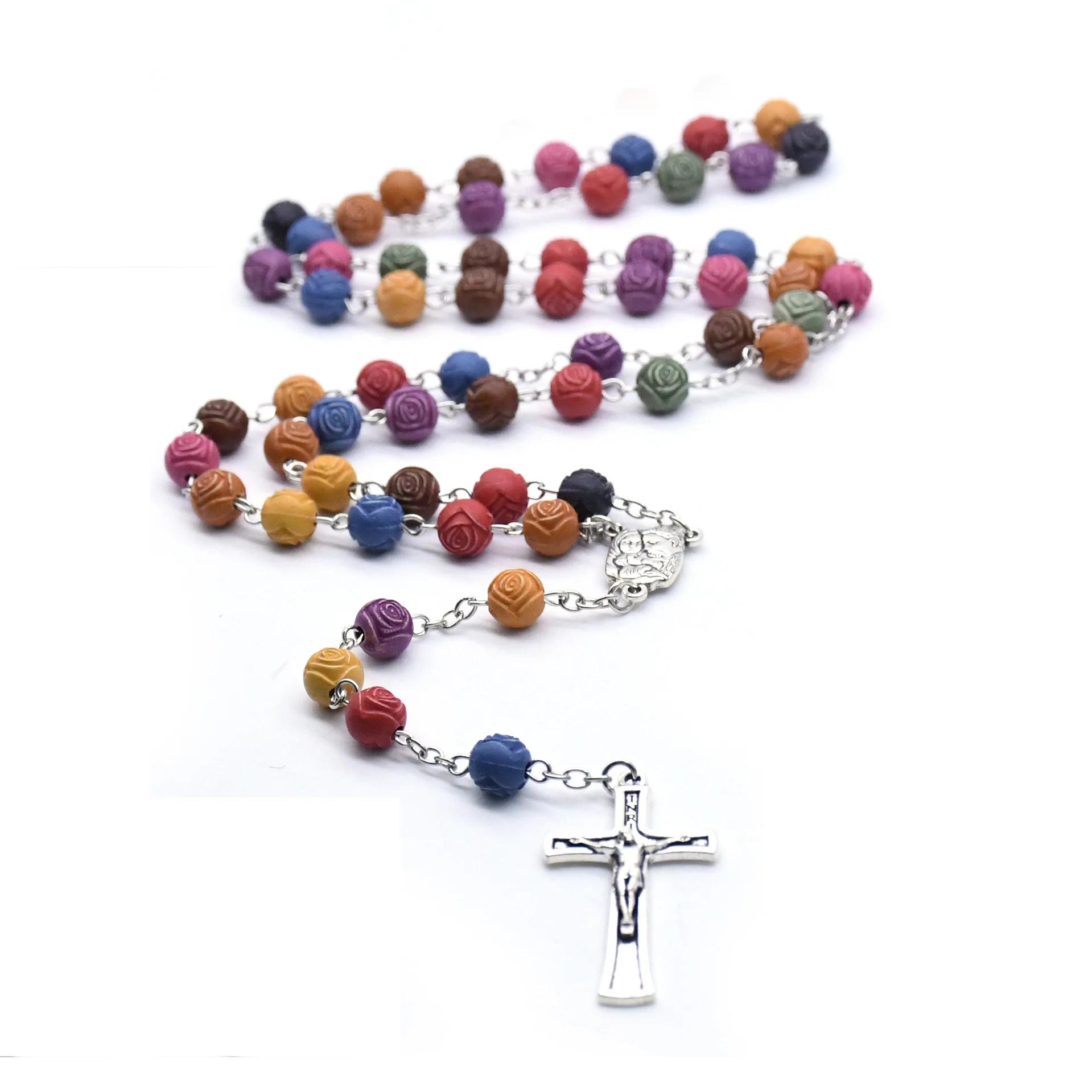 8mm Holy Family Rose Beads Rosary Christ Cross Necklace Holy Church Prayer Beads