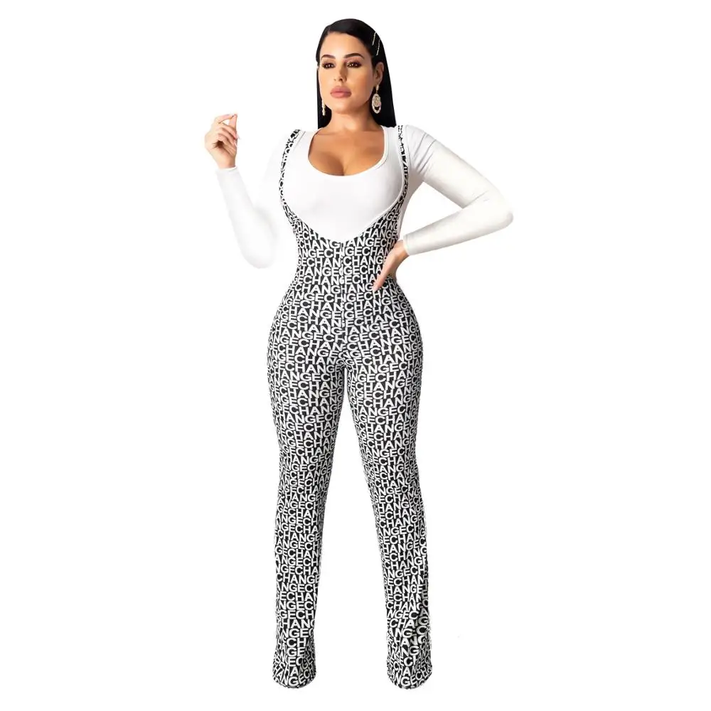 
New Arrivals Autumn Fashion Women Casual Long Sleeve T-shirt Suspender Flared Pants 2 Pieces Set Letter Printed Outfits Jumpsuit 