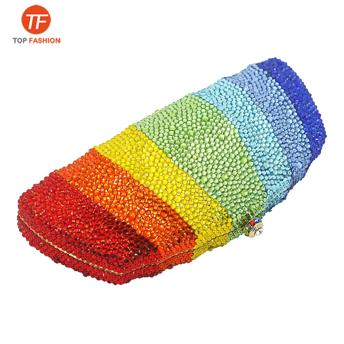 
Factory wholesales Rainbow Colorful Women Crystal Clutch Evening Bags Metal Box Wedding Diamond Bridal Purses 