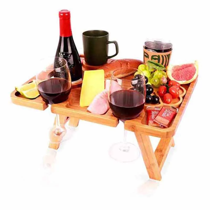 Outdoor Camping Fun Portable Travel Size Foldable  Glass Holder and Snack Tray Bamboo Wine Picnic Table