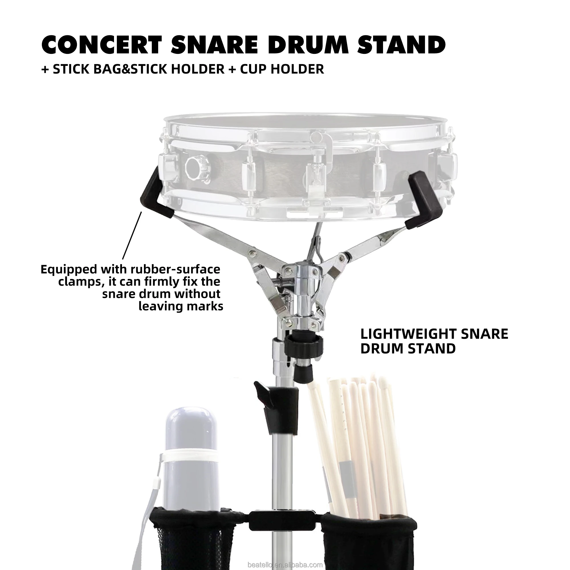JBK Snare Drum Stand Adjustable Height Professional Drum Kits With Stick Bag Holder & Cup Holder Storage Folding Rack