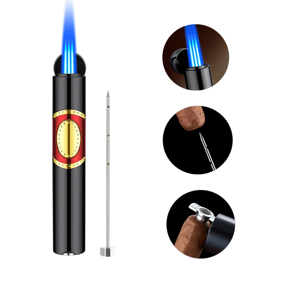 DEBANG 3 in 1 Butane Lighter with Cigar Punch, Cigar Draw Enhancer, Triple windproof flame for Candles and Cigars