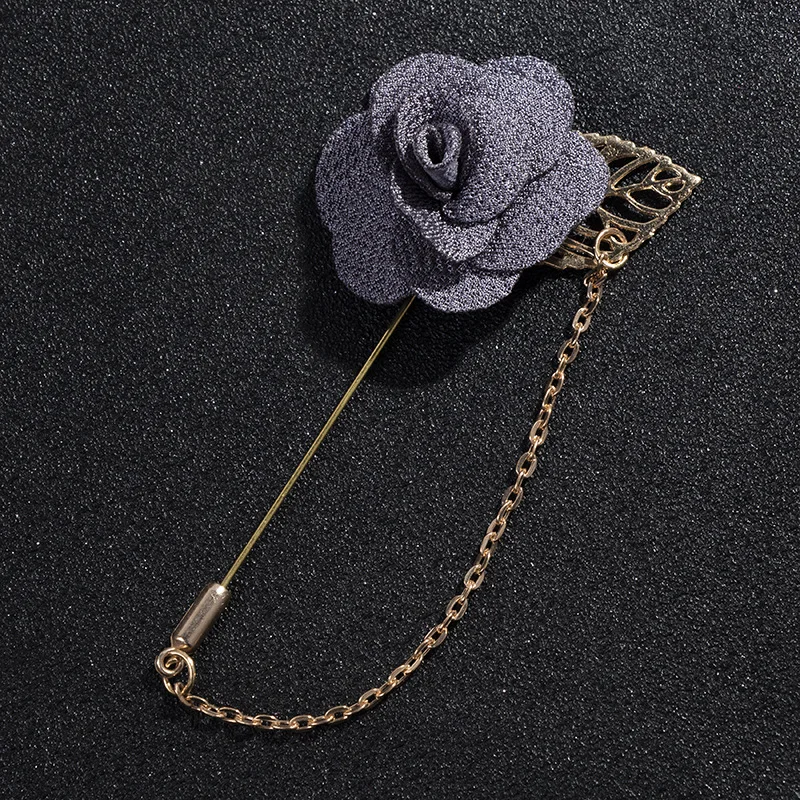 Promotional tassel chain hand made fabric rose flower brooch lapel pin for groomsmen