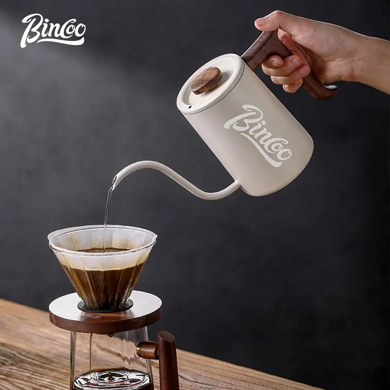 BINCOO Hand Brew Coffee Pot Stainless Steel Wooden Handle Home Kettle With Fine Spout 700ML