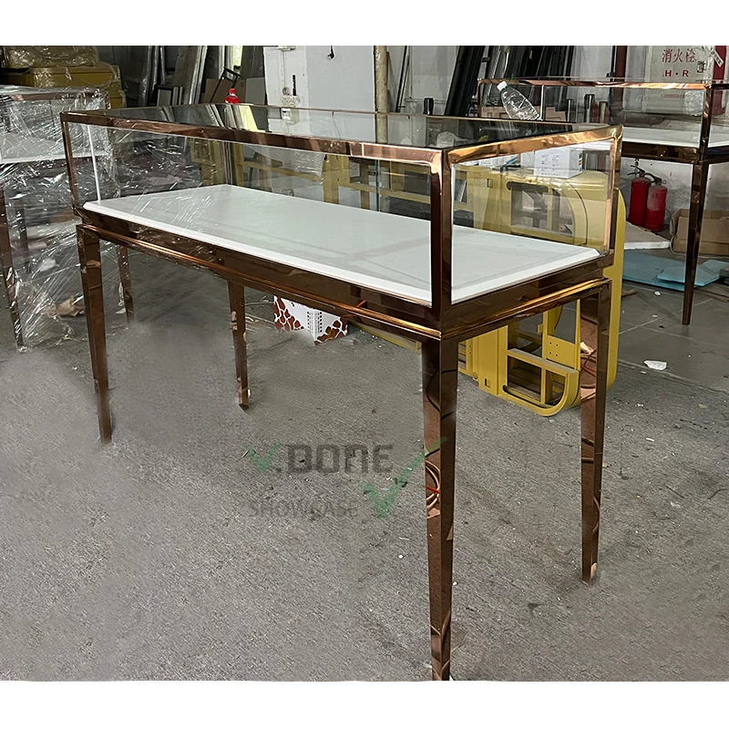 Luxury gold stainless steel jewelry display showcases led lights suppliers for jewelry counter shop showcase