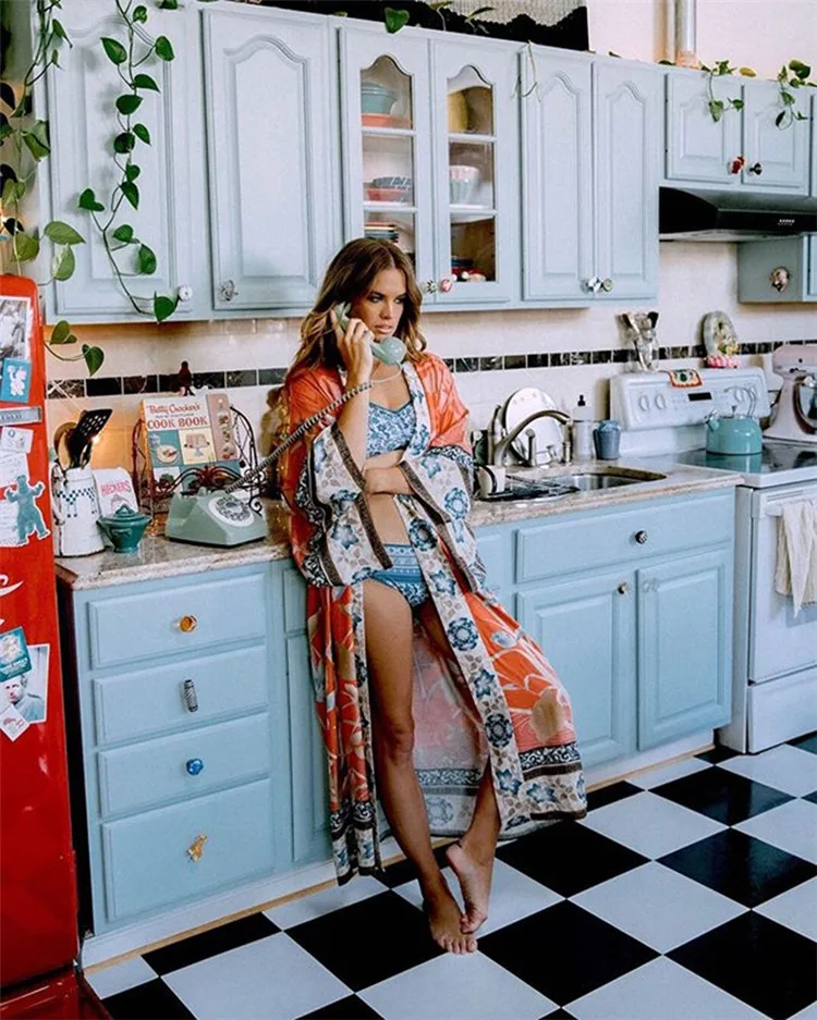 
Beach Print Floral Holiday Bikini Outing Loose Long women cardigan kimono women cardigan kimono 