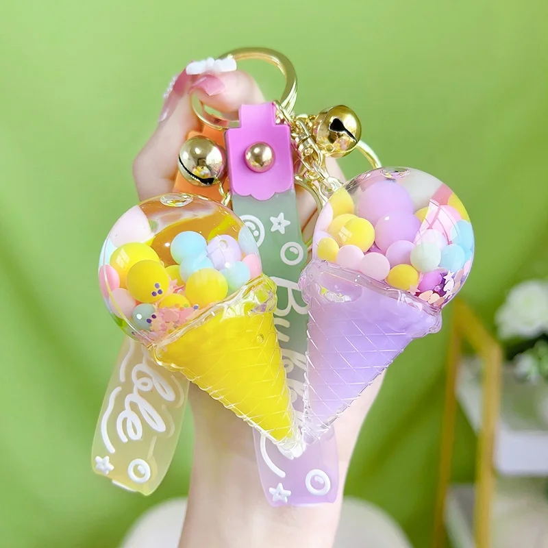 2023 new cute acrylic keyring key chain ring oil floating ice cream bubble quicksand liquid  keychain