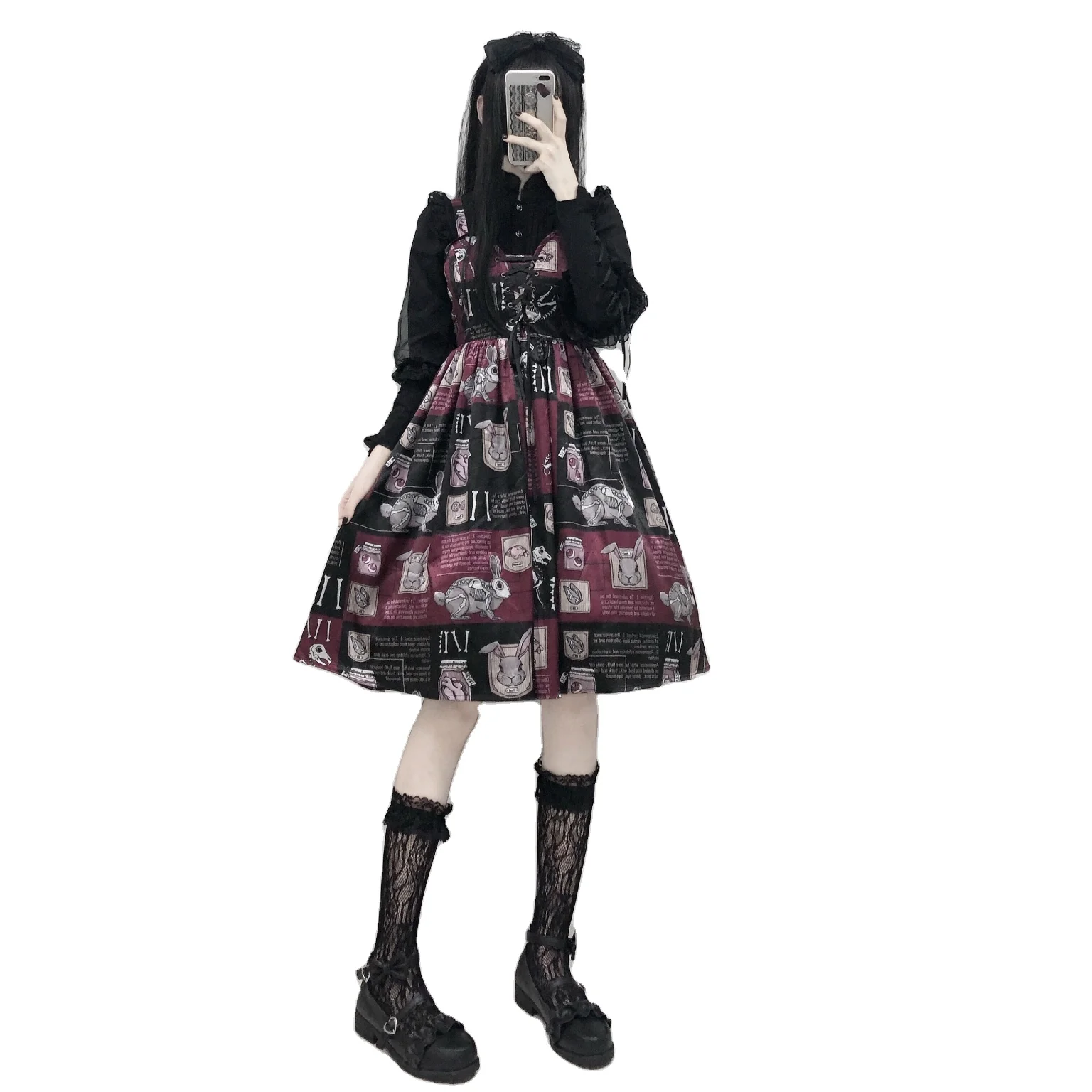 2021 China Goth Cross Velvet A Line Lolita Dress Aesthetic Gothic High Waist Ladies Club Part