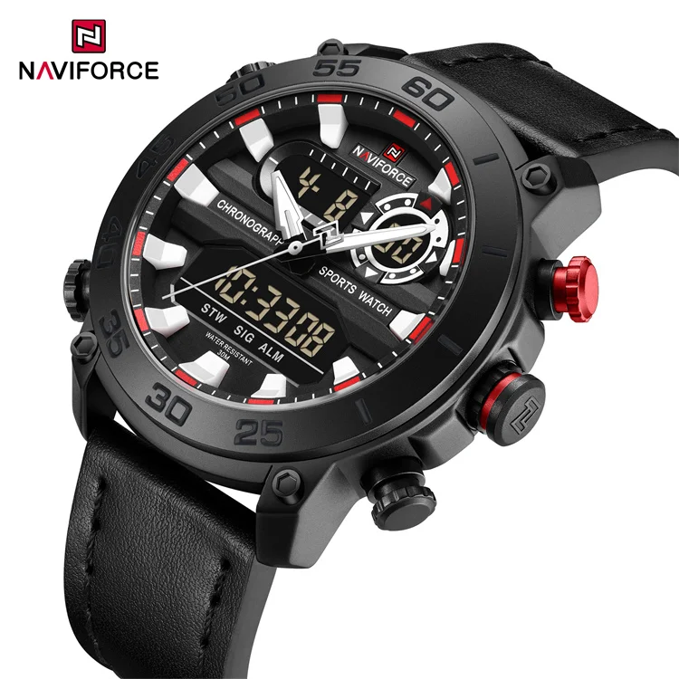 NAVIFORCE 9235 BWB Men Watch Quartz Original Brand Digital Sport Genuine Leather wristwatch with LCD Display watches