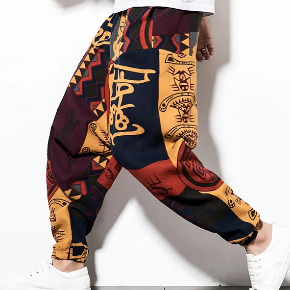 Pants Men Casual  hip hop Streetwear Cotton Linen Printing Patchwork Long Cargo Pants