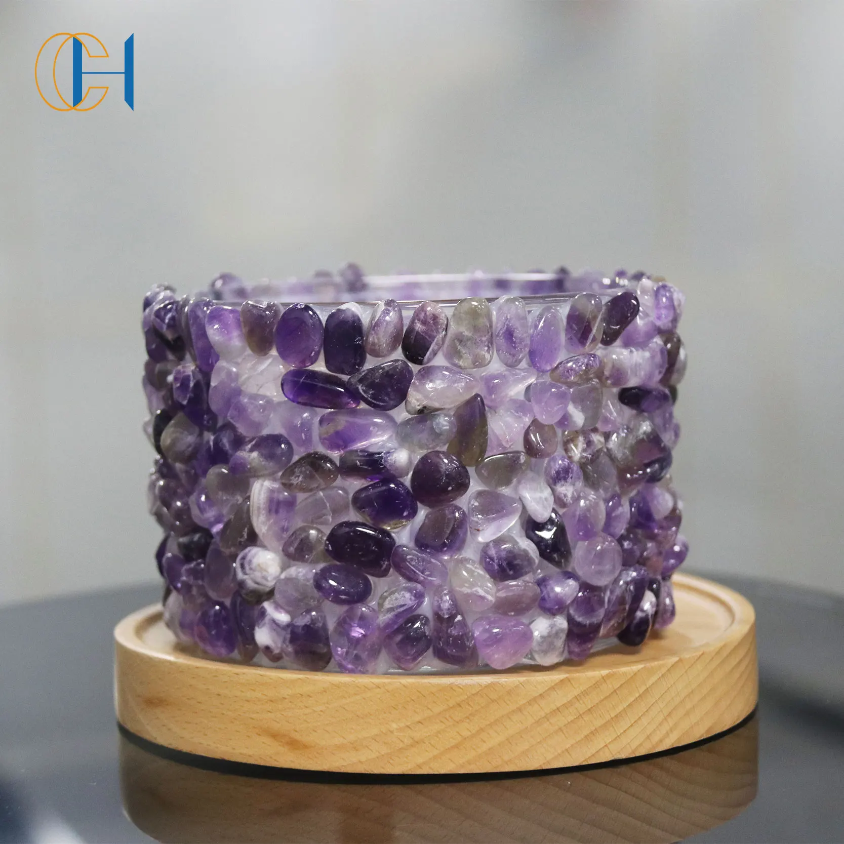 2021 Hot Selling Customized Logo Natural Gemstone Large Empty Container Tall Glass Crystal Candle
