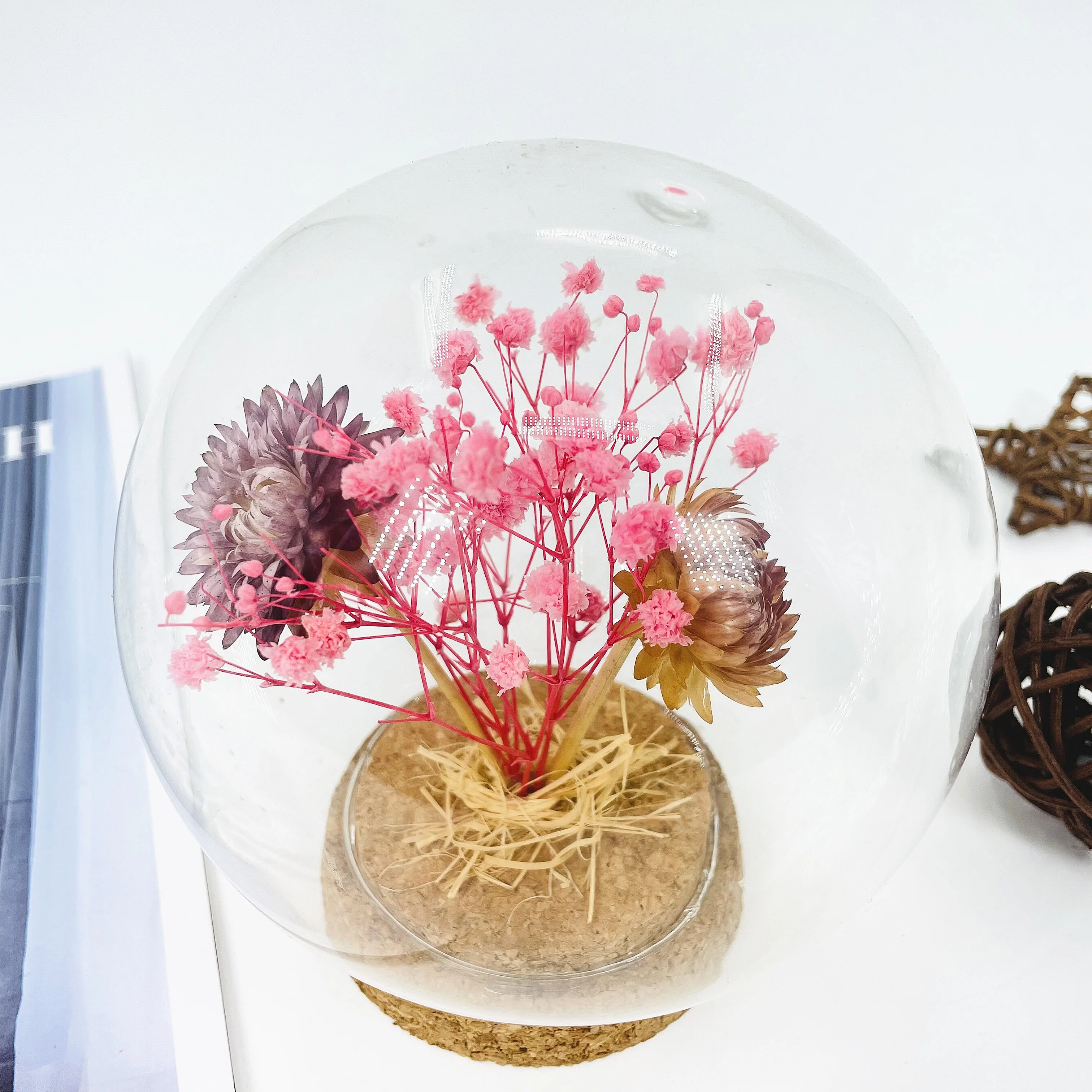 Лидер продаж, стеклянный шар на пробковой основе с высушенными цветами для украшения дома