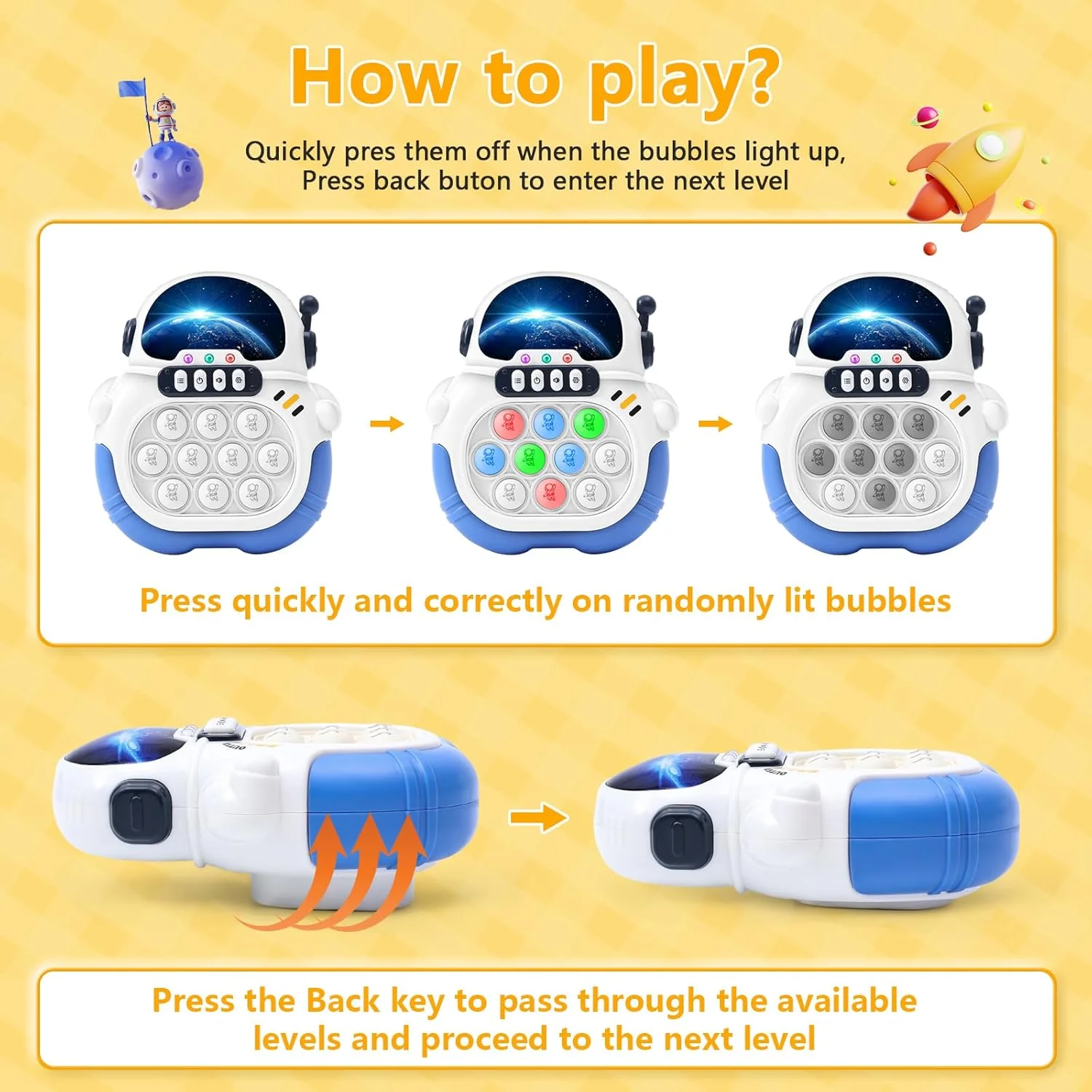 ET Quick Push Pop Game 6 Modes Fast Push Bubble Game Console Pop Fidget Light up Handheld Puzzle Game Machine Gift for Kids