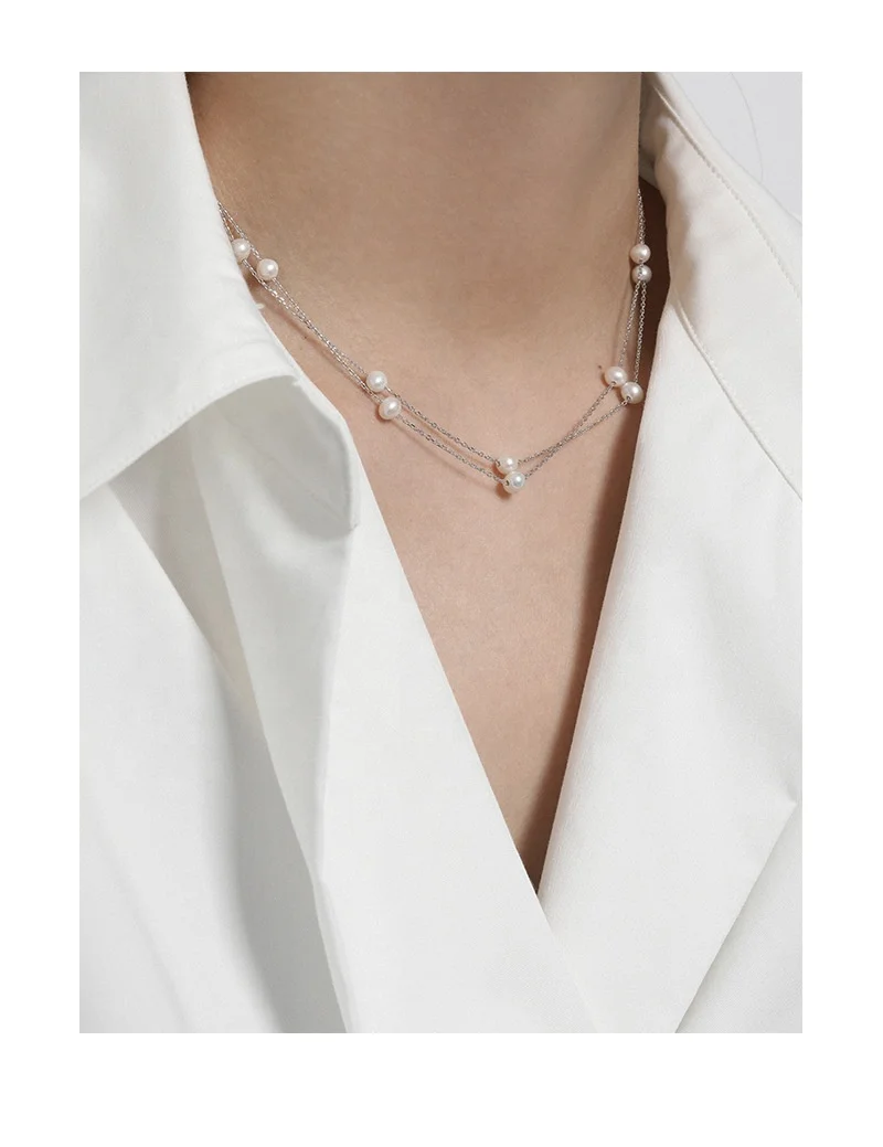 Trendy New S925 Sterling Silver Necklace Double Layered Platinum Plated Small Pearls Link Chain Layered Necklace Women Girl