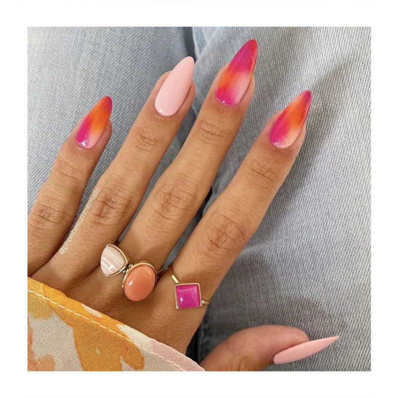 New Arrival Gradient Press On Nails Tips Pink Rainbow Stiletto Shinny Soft Gel Nails Tips Custom Logo Waterproof Fake Nails